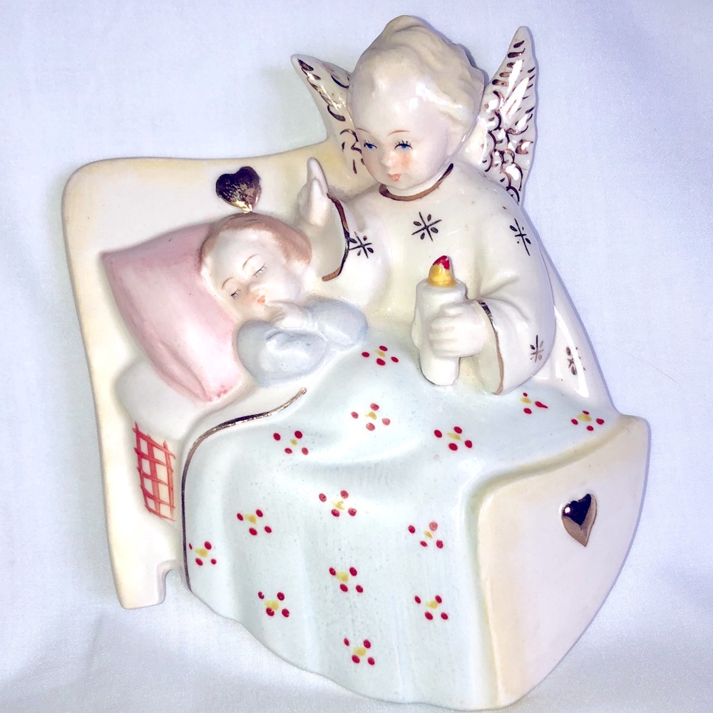 Vintage ART Guardian Angel Watching Over Baby Ceramic Wall Plaque Made in Japan